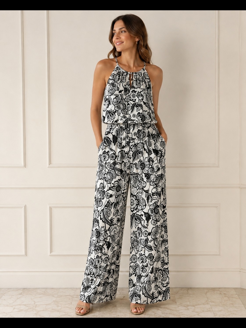 London Times Size 8 Black White Floral Wide Leg Jumpsuit Pockets